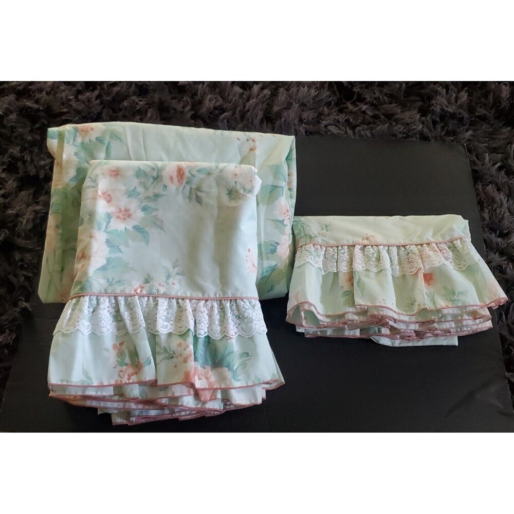 Vtg Utica Twin 2 Fitted 2 Flat 2 Pillow Cases Floral Cottage Core Sheet Set